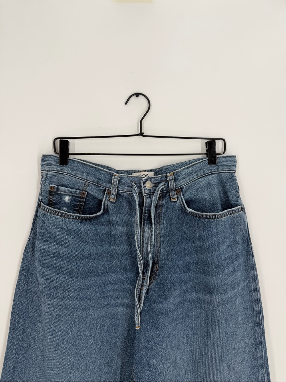 Cos Exaggerated Wide Leg Drawstring Denim Trousers In Mid Blue